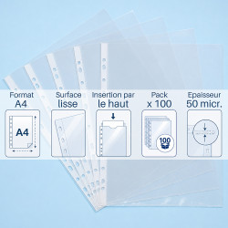 Pochettes perforées A4 transparentes lisses 50 microns x100