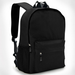 Sac à dos noir avec poche avant zippée, bretelles rembourrées et poches latérales filet