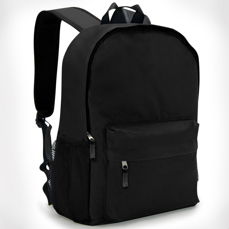 Sac à dos noir avec poche avant zippée, bretelles rembourrées et poches latérales filet