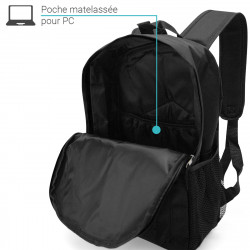 Sac à dos noir ouvert avec poche matelassée intérieure pour ordinateur portable