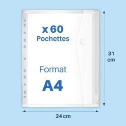 Lot 60 pochettes perforées A4 transparentes à rabat scratch
