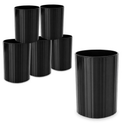 Pot à crayons noir brillant texturé, rond en plastique Lot de 6