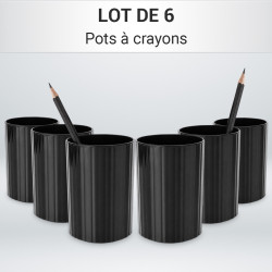 Pot à crayons noir brillant texturé, rond en plastique Lot de 6