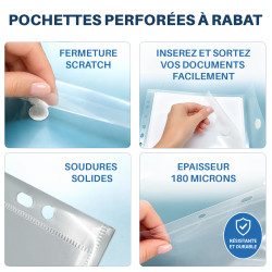 Lot 10 pochettes perforées A4 transparentes à rabat scratch