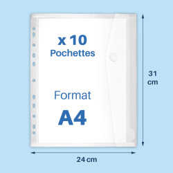 Lot 10 pochettes perforées A4 transparentes à rabat scratch