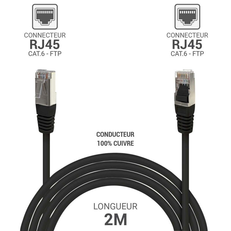 Câble réseau RJ45 Cat. 6 100% cuivre blindé FTP noir 2.00m