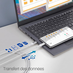 Câble USB-C USB-C 3.1 60W Nylon tressé, mâle mâle, 2,00m Blanc