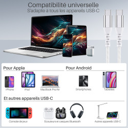 Câble USB-C USB-C 3.1 60W Nylon tressé, mâle mâle, 2,00m Blanc