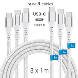 Lot 3 Câbles USB-C vers USB-C 60W Nylon tressé, 1m Blanc