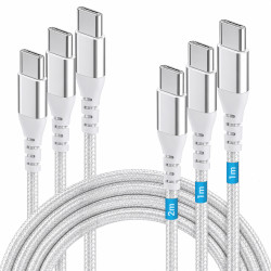 Lot 3 câbles USB-C 60W nylon tressé blanc 2x1m + 1x2m