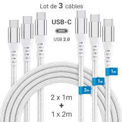 Lot 3 câbles USB-C 60W nylon tressé blanc 2x1m + 1x2m