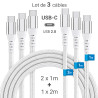 Lot 3 câbles USB-C 60W nylon tressé blanc 2x1m + 1x2m