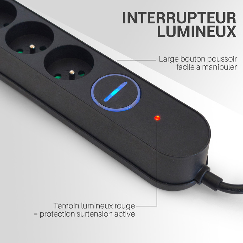 Bloc multiprise 8 prises avec protection surtension et interrupteur l
