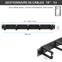 Bandeau passe câbles 5 anneaux ABS 19 pouces 1U Noir