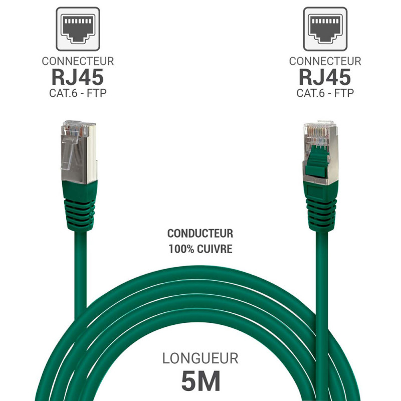 Câble réseau RJ45 Cat. 6 100% cuivre blindé FTP vert 5.00m