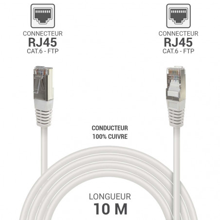 Câble réseau RJ45 Cat. 6 100% cuivre blindé FTP blanc 10.00m