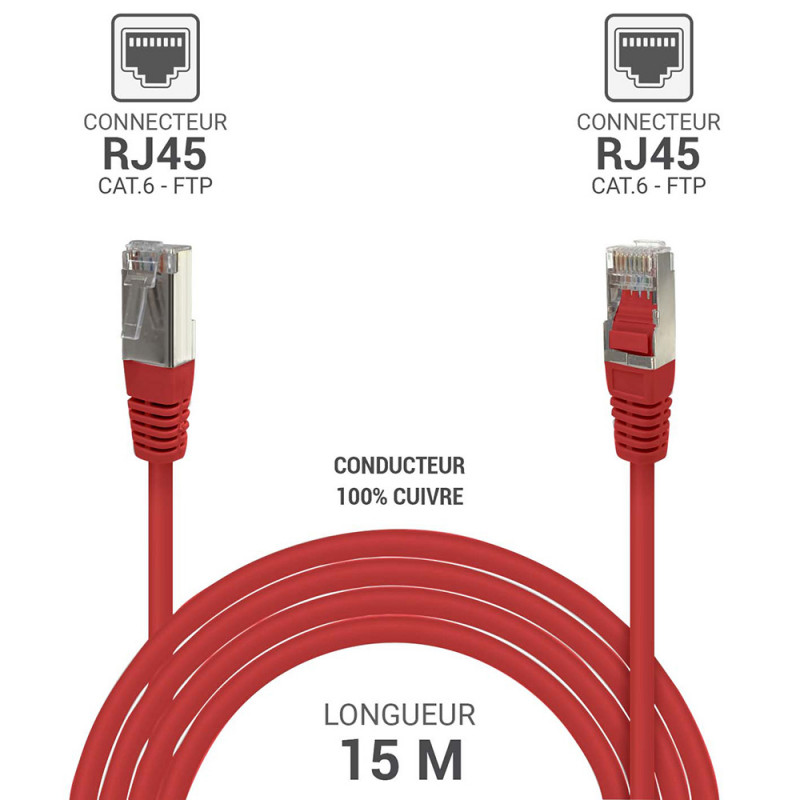 Câble réseau RJ45 Cat. 6 100% cuivre blindé FTP rouge 15.00m