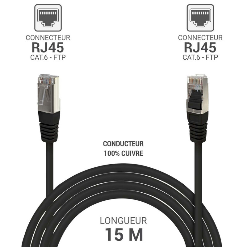 Câble réseau RJ45 Cat. 6 100% cuivre blindé FTP noir 15.00m