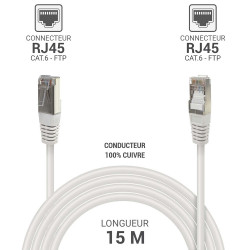 Câble réseau RJ45 Cat. 6 100% cuivre blindé FTP blanc 15.00m