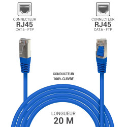 Câble réseau RJ45 Cat. 6 100% cuivre blindé FTP bleu 20.00m