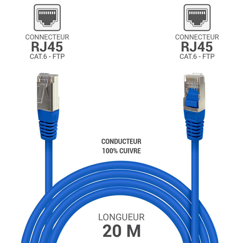 Câble réseau RJ45 Cat. 6 100% cuivre blindé FTP bleu 20.00m