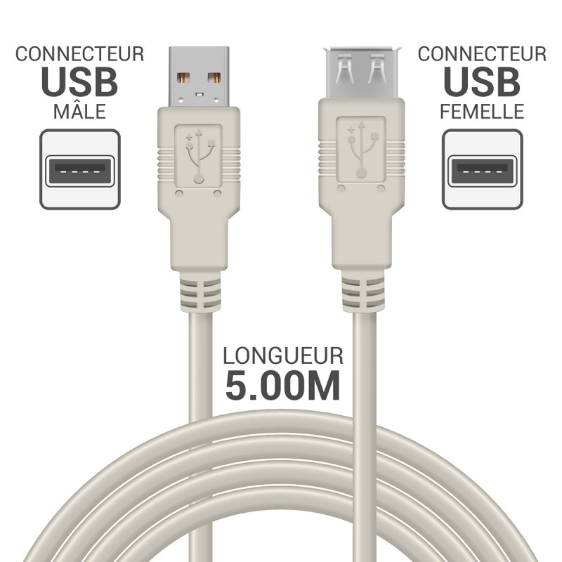 Rallonge USB 2.0 A/A mâle-femelle 5.00m gris