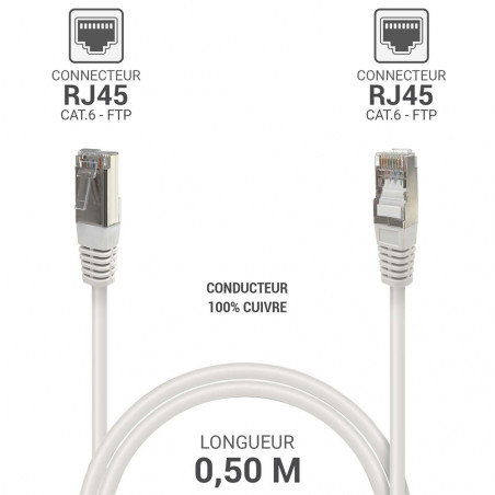 Câble réseau RJ45 Cat. 6 100% cuivre blindé FTP blanc 0.50m