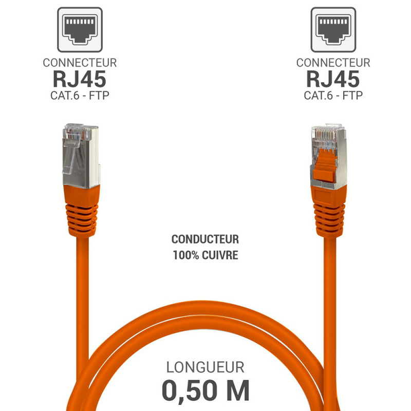 Câble réseau RJ45  Cat. 6 100% cuivre blindé FTP orange 0.50m
