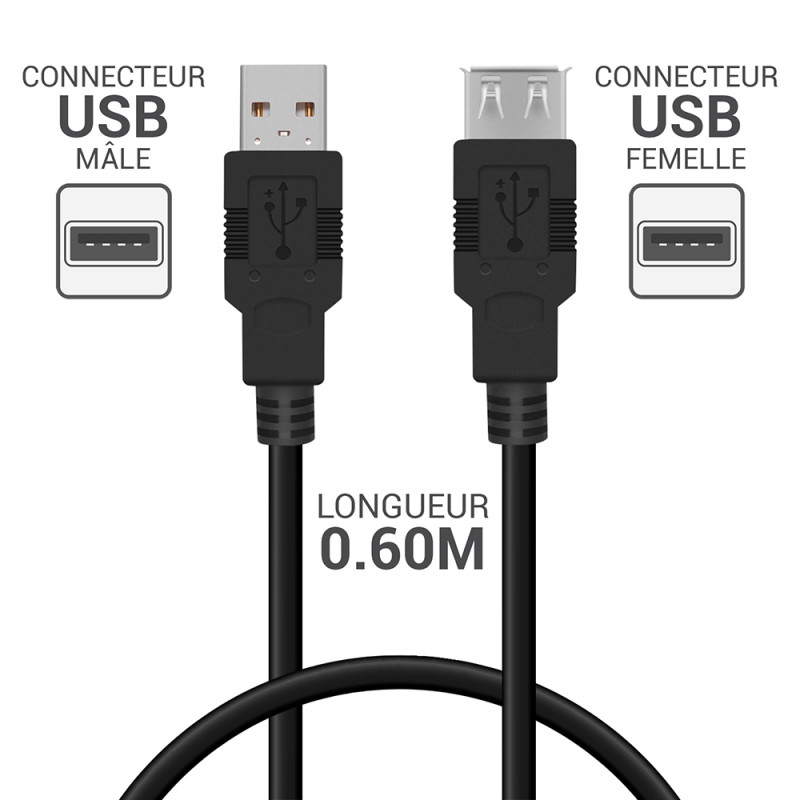 Rallonge USB Double Femelle Vers Mâle - 20 Cm - Convertisseur Pour Transmission Données Et Charge - Aluminium - Plug And Play
