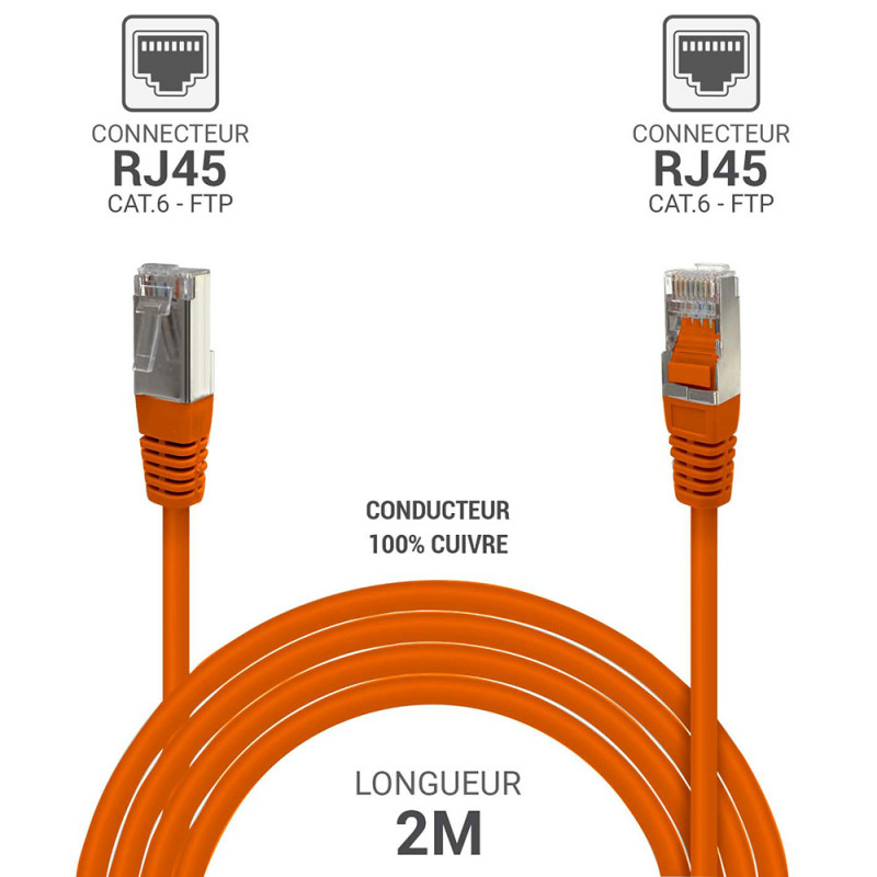 Câble réseau RJ45 Cat. 6 100% cuivre blindé FTP orange 2.00m