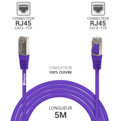 Câble réseau RJ45 Cat. 6 100% cuivre blindé FTP violet 5.00m