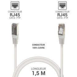 Câble réseau RJ45 Cat. 6 100% cuivre blindé FTP blanc 1.50m